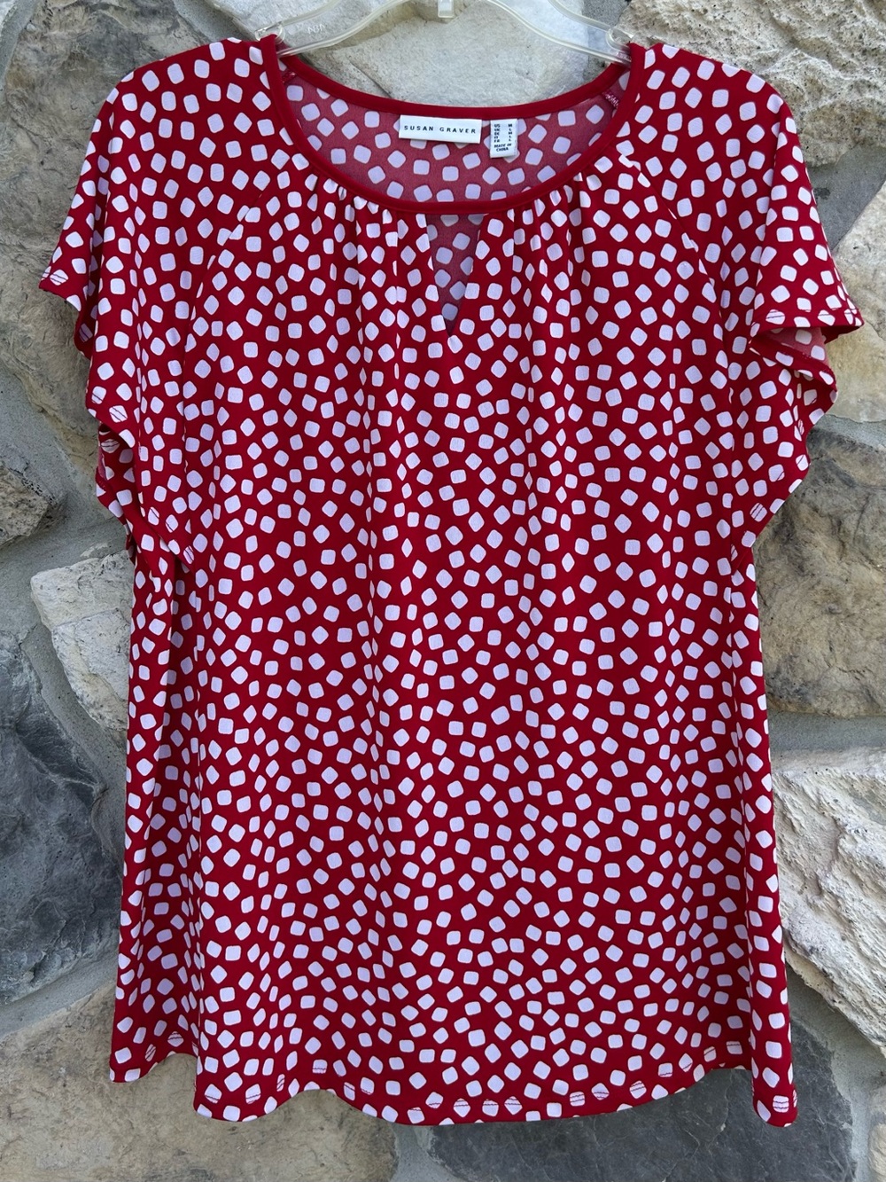 Susan Graver Liquid Knit Blouse Top Size M Red Dot Print Feminine Elevated Basic